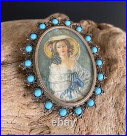 Vintage European Hand Painted Filigree & Turquoise Silver Brooch Pendant