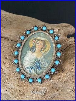 Vintage European Hand Painted Filigree & Turquoise Silver Brooch Pendant