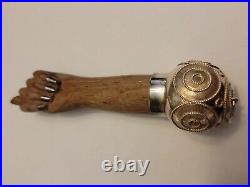 Vintage Figa Fist Hand Charm Pendant Ornate Silver on Wood Carved, sighned