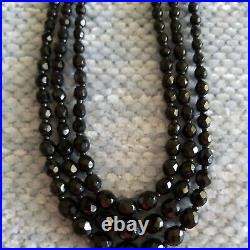 Vintage French Jet Black Beads Necklace Triple Strand Made In Germany 16 Inches