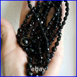 Vintage French Jet Black Beads Necklace Triple Strand Made In Germany 16 Inches