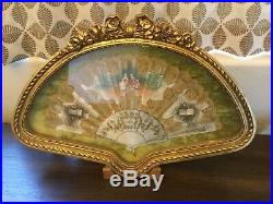 Vintage Gold Framed Lace Folding Hand Fan Victorian Hand Painted signed 16x23