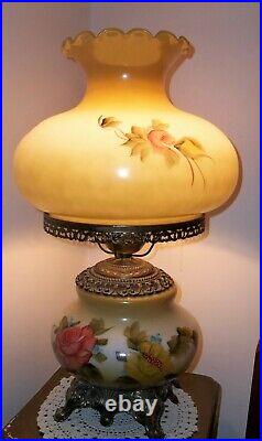 Vintage Gone with the Wind Style Hurricane Table Lamp Roses 3 Way Hand Painted
