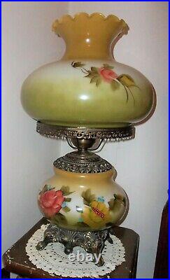 Vintage Gone with the Wind Style Hurricane Table Lamp Roses 3 Way Hand Painted