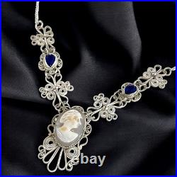 Vintage Hand Carved Cameo Necklace Filigree Victorian Revival Bezel Set Glass 9H