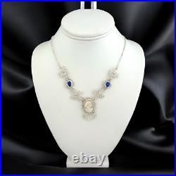 Vintage Hand Carved Cameo Necklace Filigree Victorian Revival Bezel Set Glass 9H