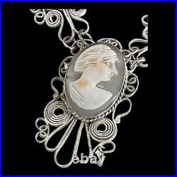 Vintage Hand Carved Cameo Necklace Filigree Victorian Revival Bezel Set Glass 9H