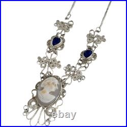 Vintage Hand Carved Cameo Necklace Filigree Victorian Revival Bezel Set Glass 9H
