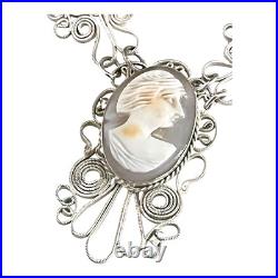 Vintage Hand Carved Cameo Necklace Filigree Victorian Revival Bezel Set Glass 9H