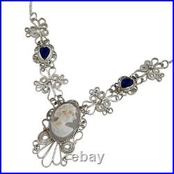 Vintage Hand Carved Cameo Necklace Filigree Victorian Revival Bezel Set Glass 9H