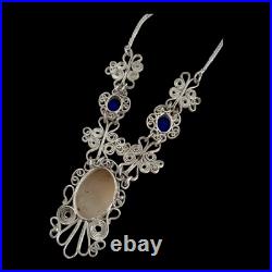Vintage Hand Carved Cameo Necklace Filigree Victorian Revival Bezel Set Glass 9H