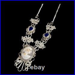 Vintage Hand Carved Cameo Necklace Filigree Victorian Revival Bezel Set Glass 9H