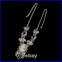Vintage Hand Carved Cameo Necklace Filigree Victorian Revival Bezel Set Glass 9H