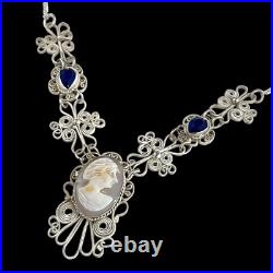 Vintage Hand Carved Cameo Necklace Filigree Victorian Revival Bezel Set Glass 9H