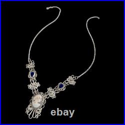 Vintage Hand Carved Cameo Necklace Filigree Victorian Revival Bezel Set Glass 9H