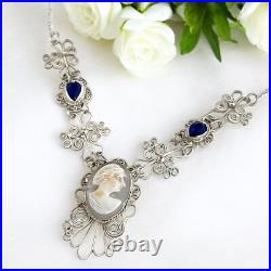 Vintage Hand Carved Cameo Necklace Filigree Victorian Revival Bezel Set Glass 9H