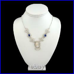 Vintage Hand Carved Cameo Necklace Filigree Victorian Revival Bezel Set Glass 9H