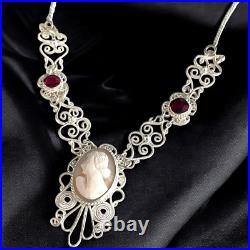 Vintage Hand Carved Cameo Necklace Filigree Victorian Revival Left Facing 9H