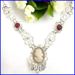 Vintage Hand Carved Cameo Necklace Filigree Victorian Revival Left Facing 9H
