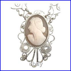 Vintage Hand Carved Cameo Necklace Filigree Victorian Revival Left Facing 9H