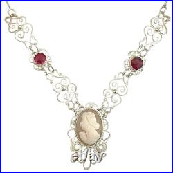 Vintage Hand Carved Cameo Necklace Filigree Victorian Revival Left Facing 9H