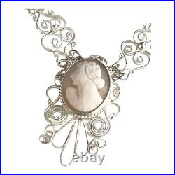 Vintage Hand Carved Cameo Necklace Filigree Victorian Revival Left Facing 9H
