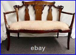Vintage Hand Carved SETTEE Sofa Love Seat. Inlays of M-of-P &Woods. Brass Tacks