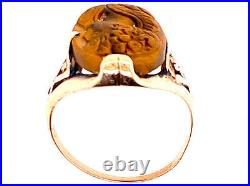 Vintage Hand Carved Tigers Eye Cameo Cocktail Ring 14K Antique Victorian