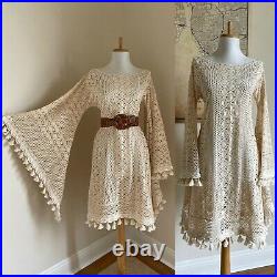 Vintage Hand Knit Crochet Lace Bell Sleeve Wedding Dress with Fringe Photo Shoot