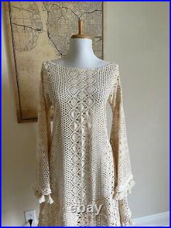 Vintage Hand Knit Crochet Lace Bell Sleeve Wedding Dress with Fringe Photo Shoot