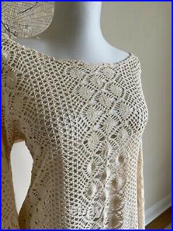 Vintage Hand Knit Crochet Lace Bell Sleeve Wedding Dress with Fringe Photo Shoot