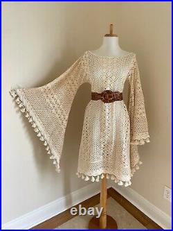 Vintage Hand Knit Crochet Lace Bell Sleeve Wedding Dress with Fringe Photo Shoot