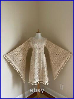 Vintage Hand Knit Crochet Lace Bell Sleeve Wedding Dress with Fringe Photo Shoot