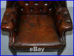 Vintage Hand Made In England Chesterfield Leather Wingback Armchair & Footstool