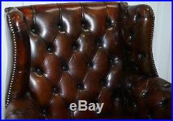 Vintage Hand Made In England Chesterfield Leather Wingback Armchair & Footstool