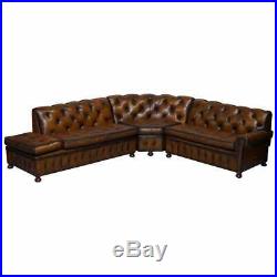 Vintage Harrods Chesterfield Hand Dyed Cigar Brown Leather Corner Sofa Walnut