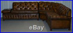 Vintage Harrods Chesterfield Hand Dyed Cigar Brown Leather Corner Sofa Walnut