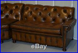 Vintage Harrods Chesterfield Hand Dyed Cigar Brown Leather Corner Sofa Walnut