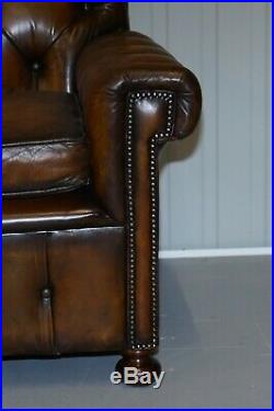 Vintage Harrods Chesterfield Hand Dyed Cigar Brown Leather Corner Sofa Walnut