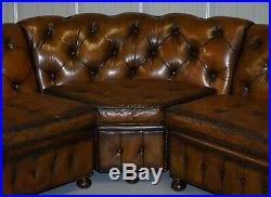 Vintage Harrods Chesterfield Hand Dyed Cigar Brown Leather Corner Sofa Walnut