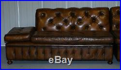 Vintage Harrods Chesterfield Hand Dyed Cigar Brown Leather Corner Sofa Walnut