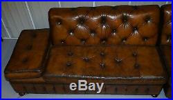 Vintage Harrods Chesterfield Hand Dyed Cigar Brown Leather Corner Sofa Walnut