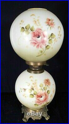 Vintage MID Century Victorian Style Gwtw Hand Painted Milk Glass Lamp