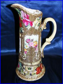 Vintage Nippon 14 Ewer Vase Floral Design Gold Beading Mark #52 Hand Painted