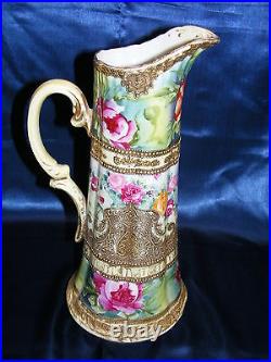 Vintage Nippon 14 Ewer Vase Floral Design Gold Beading Mark #52 Hand Painted