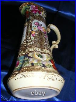 Vintage Nippon 14 Ewer Vase Floral Design Gold Beading Mark #52 Hand Painted