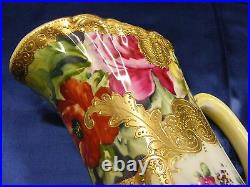 Vintage Nippon 14 Ewer Vase Floral Design Gold Beading Mark #52 Hand Painted