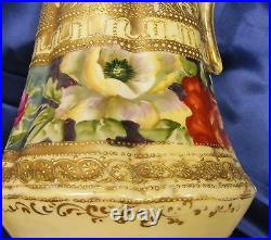 Vintage Nippon 14 Ewer Vase Floral Design Gold Beading Mark #52 Hand Painted