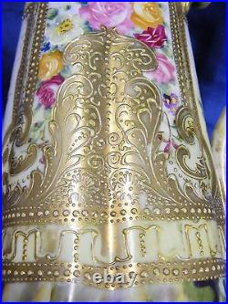 Vintage Nippon 14 Ewer Vase Floral Design Gold Beading Mark #52 Hand Painted