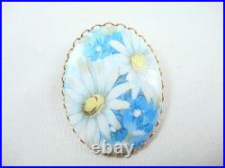 Vintage Pin Victorian Porcelain Daisy white blue flower Brass frame hand paint